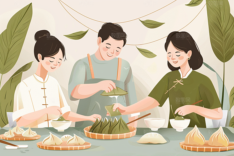 端午包粽子美食糯米插画