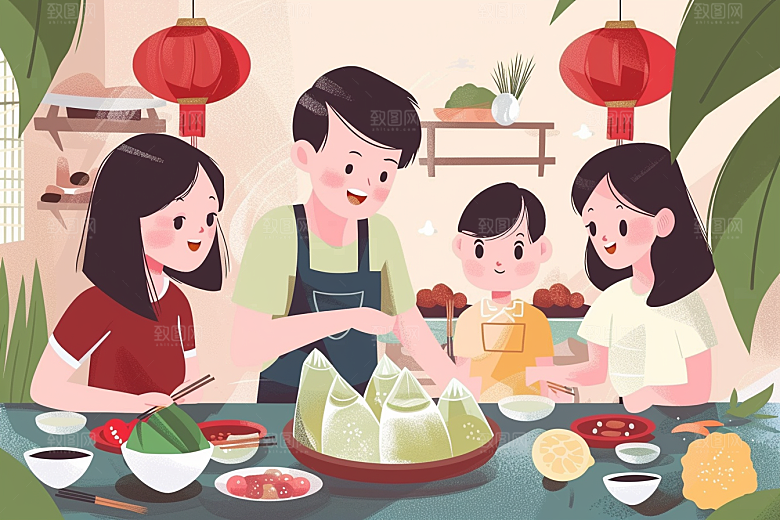 端午包粽子粽叶小吃插画