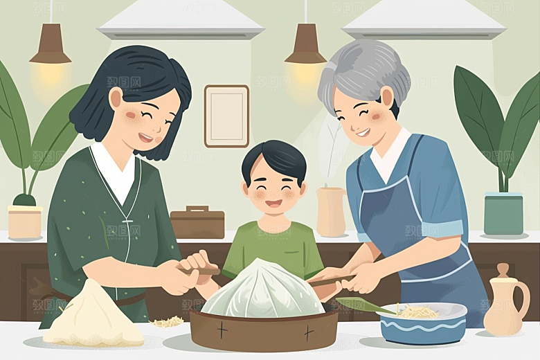 端午包粽子手绘糯米插画