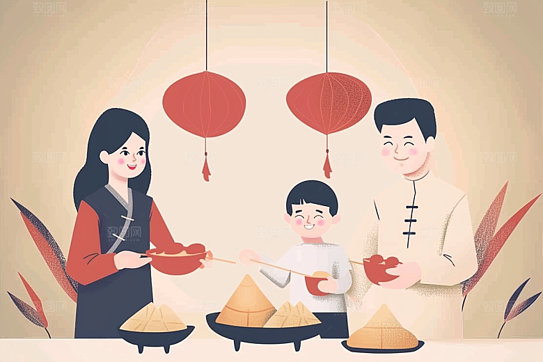 端午包粽子高清小吃插画