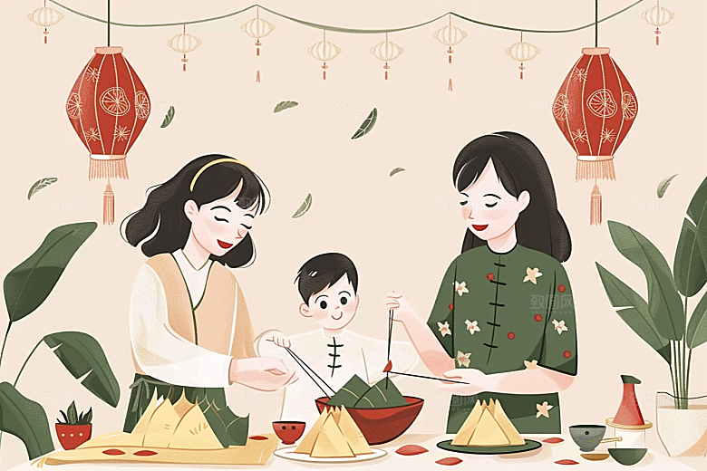 端午包粽子手绘幸福插画