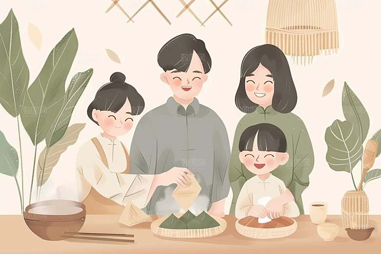 端午包粽子高清幸福插画
