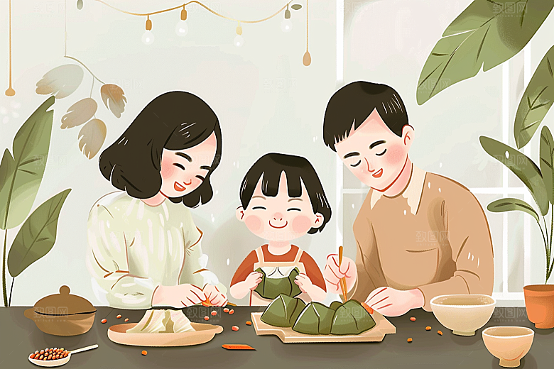 端午包粽子端午节手绘插画