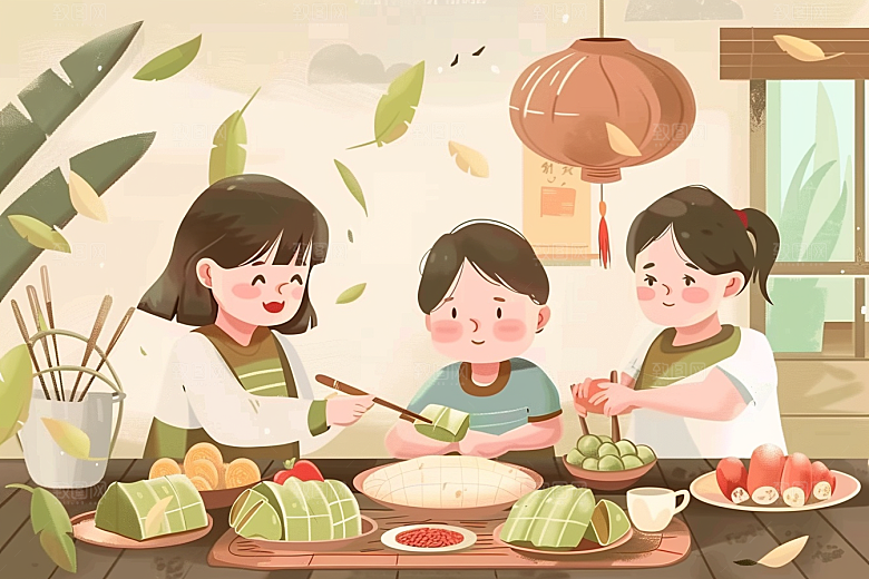 端午包粽子温馨节日插画