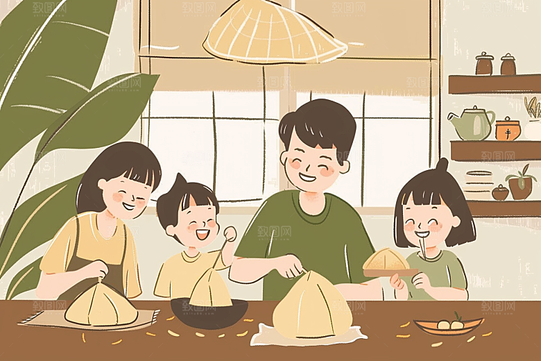端午包粽子小吃传统文化插画
