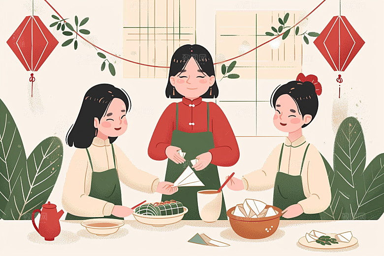 端午包粽子糯米手绘插画