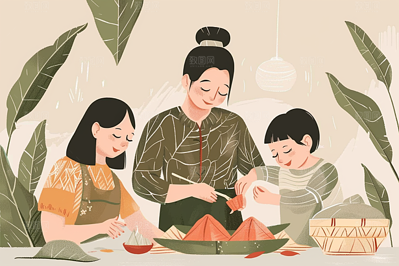 端午包粽子粽叶习俗插画