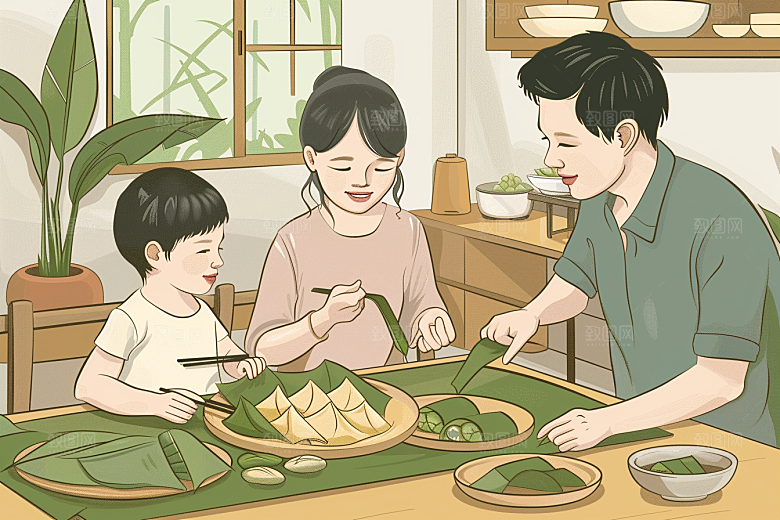 端午包粽子粽叶传统文化插画