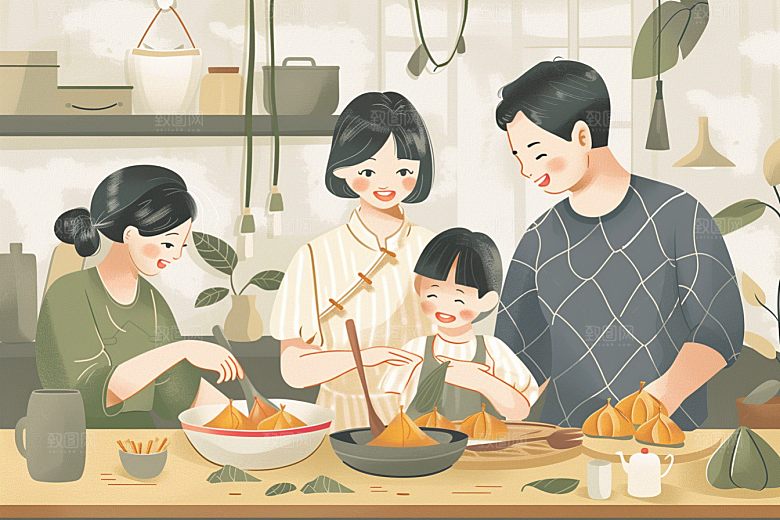 端午包粽子阖家团聚习俗插画