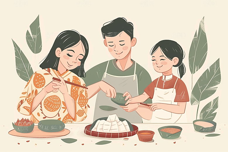 端午包粽子温馨粽叶插画
