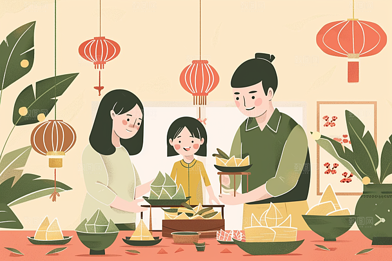 端午包粽子温馨粽叶插画