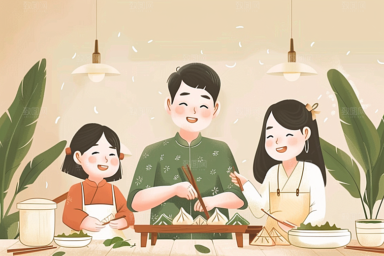 端午包粽子阖家团聚小吃插画