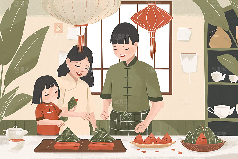端午包粽子端午节手绘插画