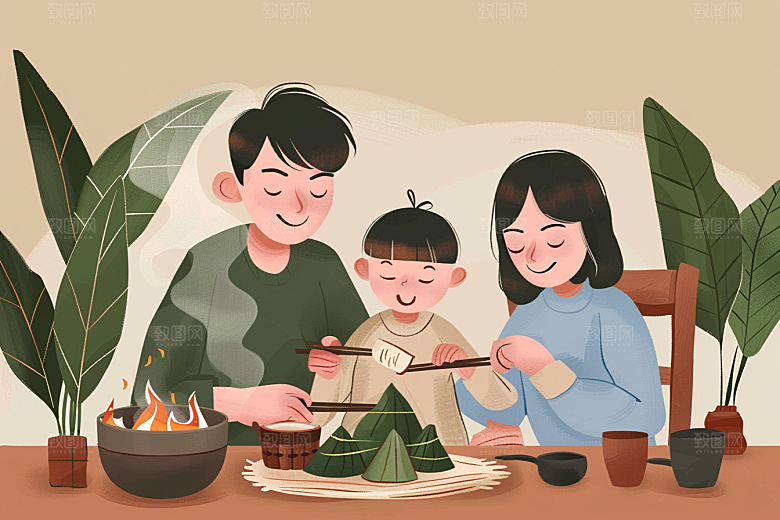 端午包粽子美食手绘插画