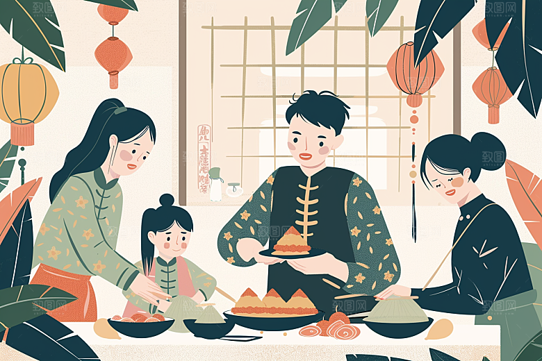 端午包粽子美味粽叶插画