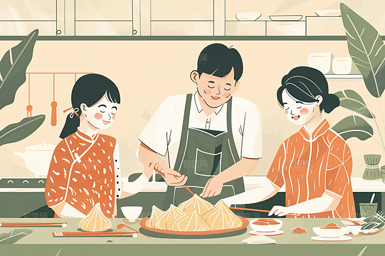 端午包粽子美味手绘插画