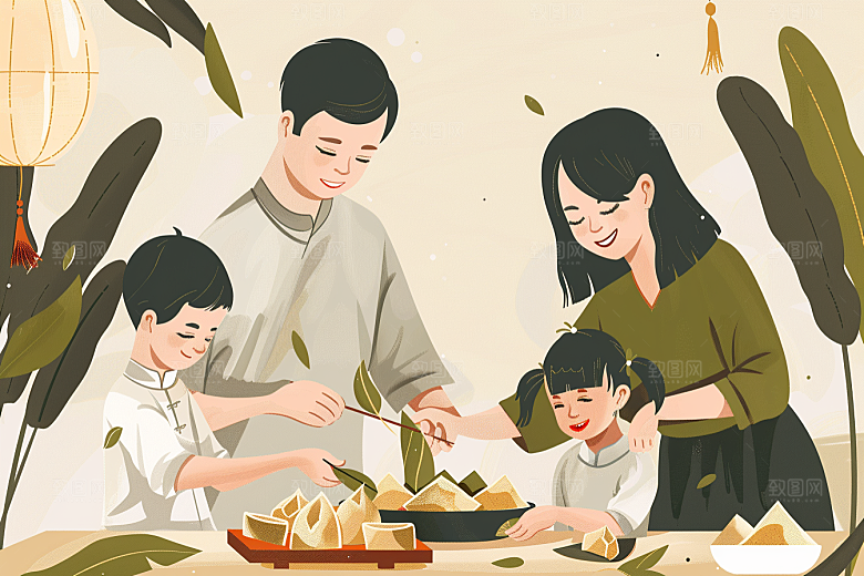 端午包粽子美味温馨插画