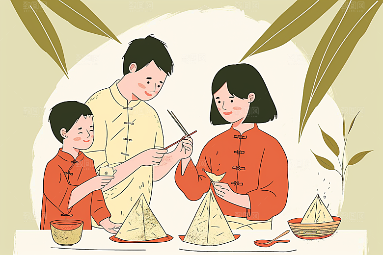端午包粽子美味温馨插画