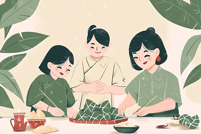 端午包粽子温馨粽叶插画