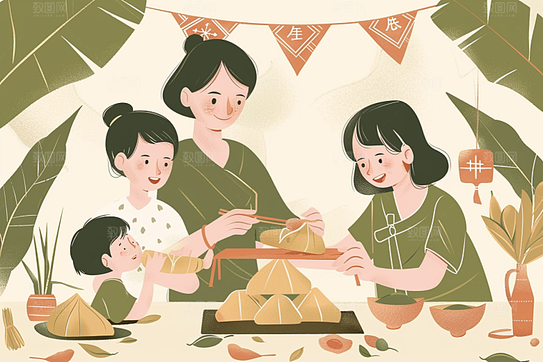 端午包粽子美味幸福插画