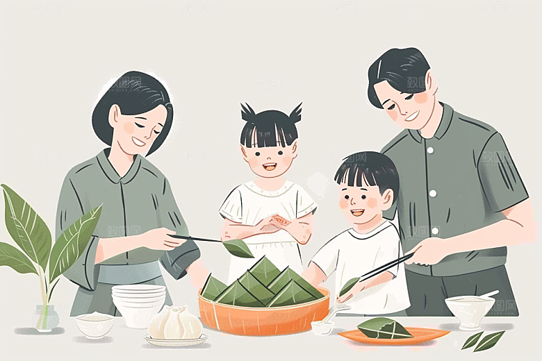 端午包粽子温馨端午节插画