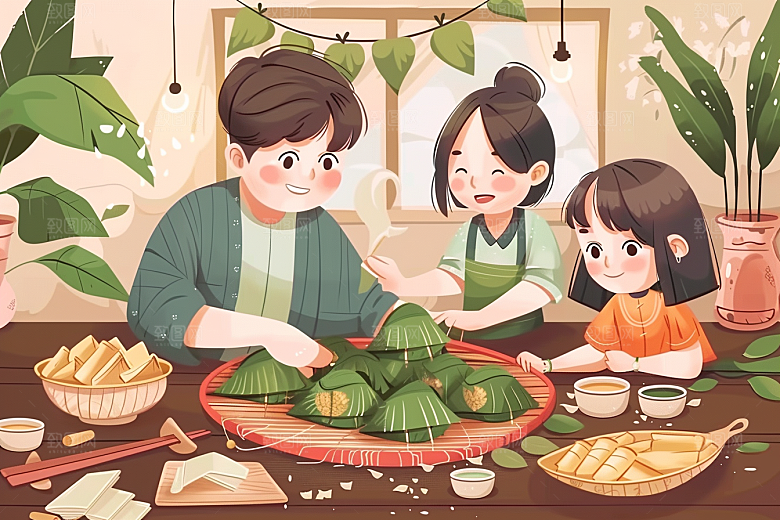 端午包粽子习俗糯米插画
