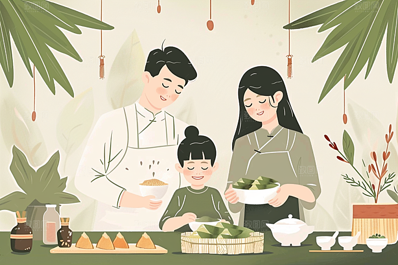 端午包粽子温馨高清插画