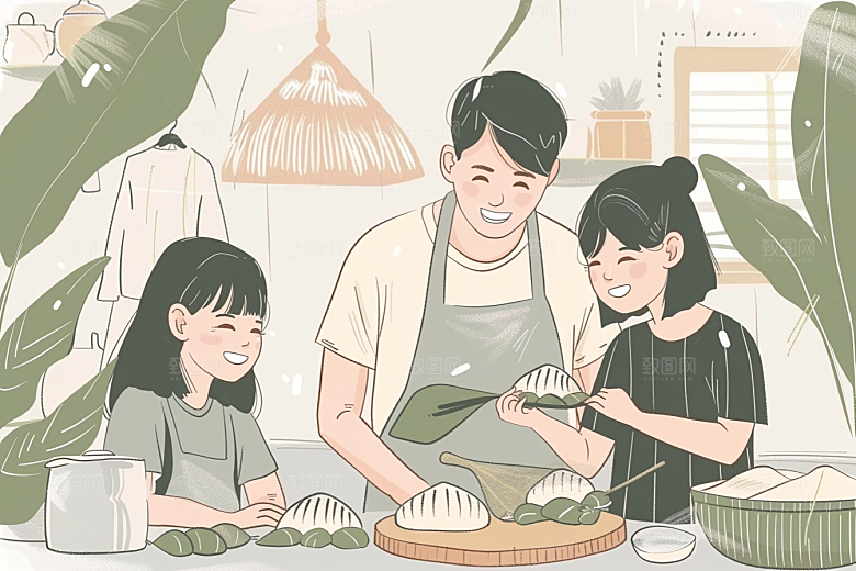 端午包粽子幸福粽叶插画