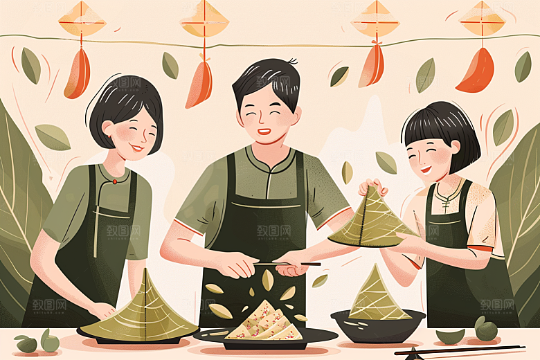 端午包粽子高清阖家团聚插画