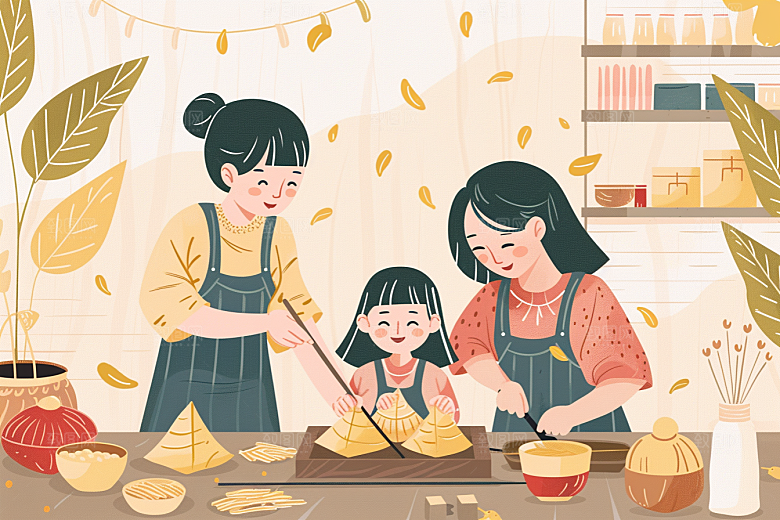 端午包粽子习俗幸福插画