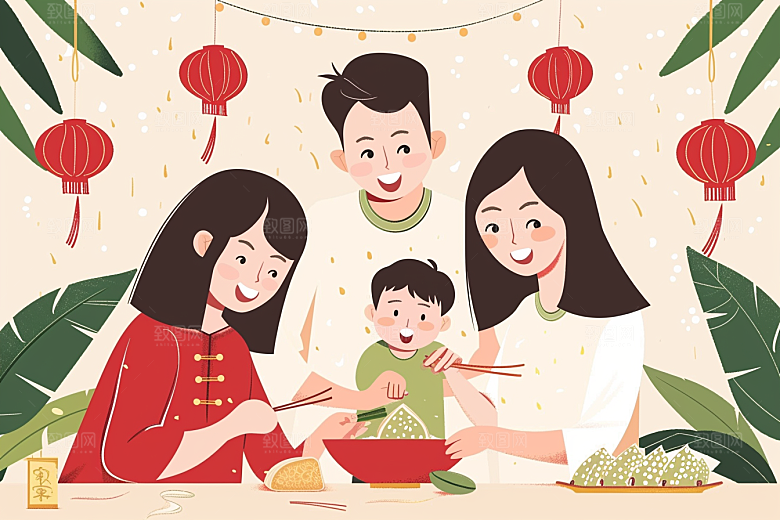 端午包粽子阖家团聚节日插画
