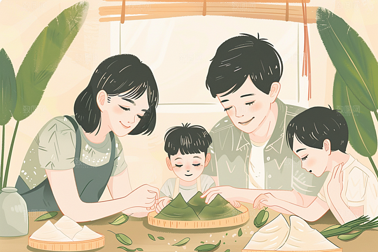 端午包粽子阖家团聚节日氛围插画