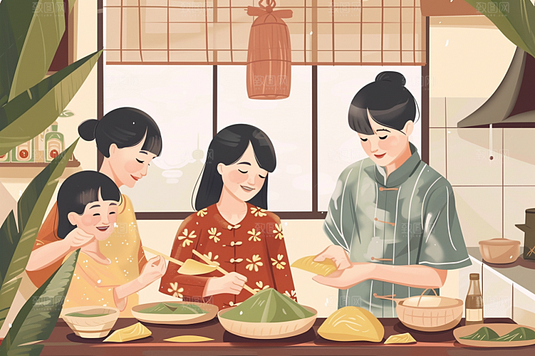 端午包粽子节日温馨插画