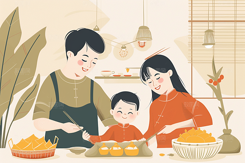 端午包粽子手绘小吃插画