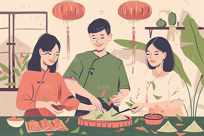 端午包粽子习俗美味插画