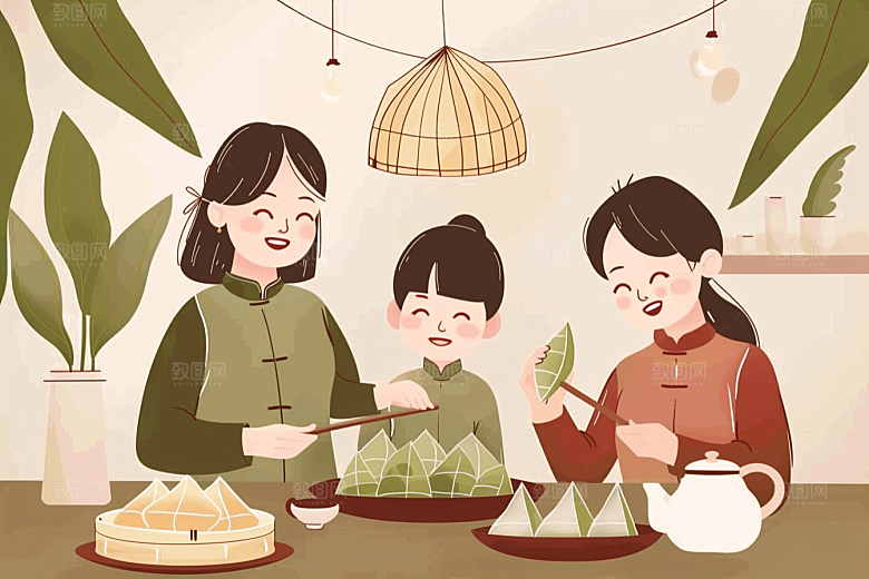 端午包粽子传统文化幸福插画