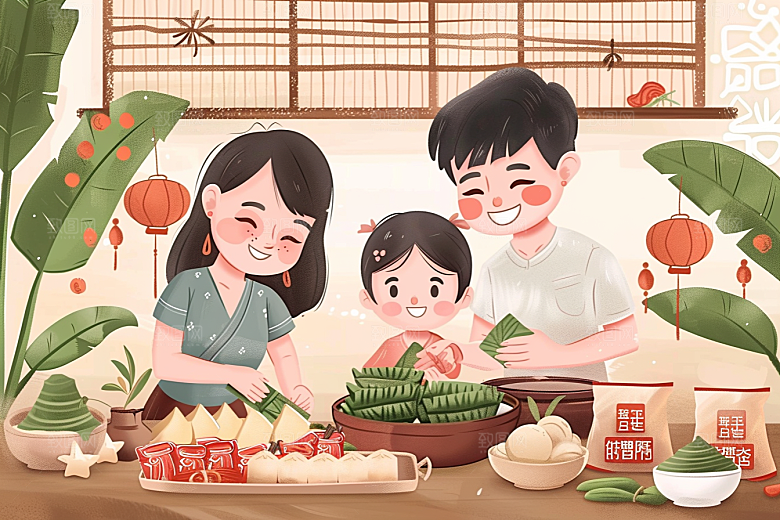 端午包粽子手绘端午节插画