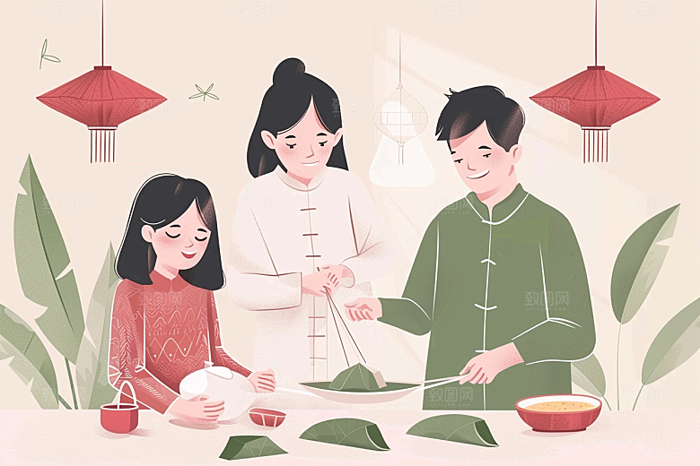 端午包粽子小吃习俗插画