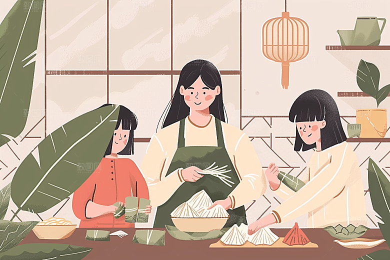 端午包粽子传统文化阖家团聚插画