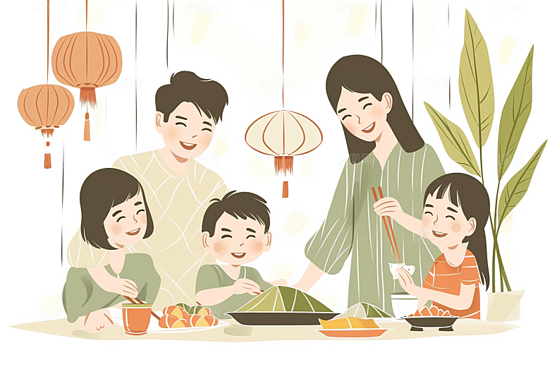 端午包粽子温馨端午节插画
