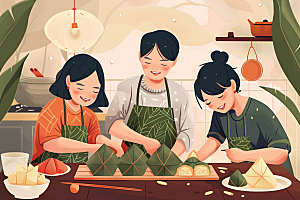 端午包粽子节日小吃插画
