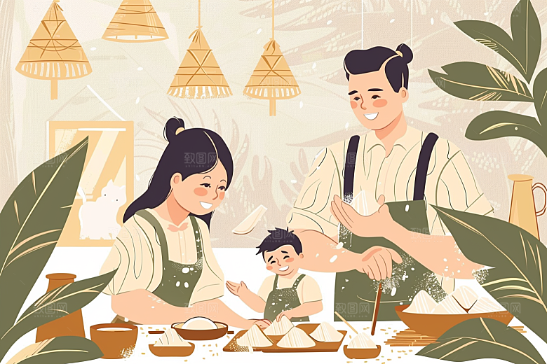端午包粽子小吃美食插画