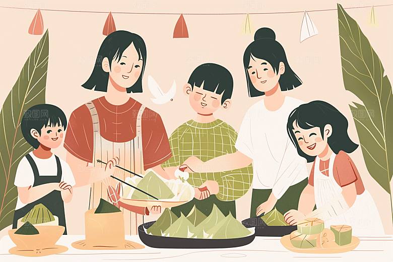 端午包粽子传统文化手绘插画