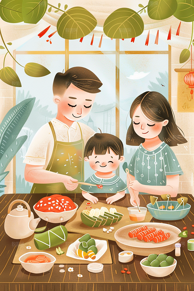 端午包粽子美食美味插画