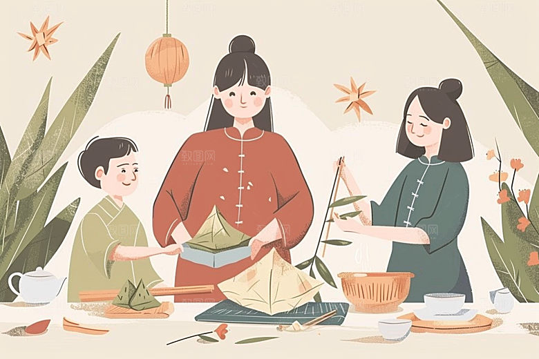 端午包粽子美食温馨插画
