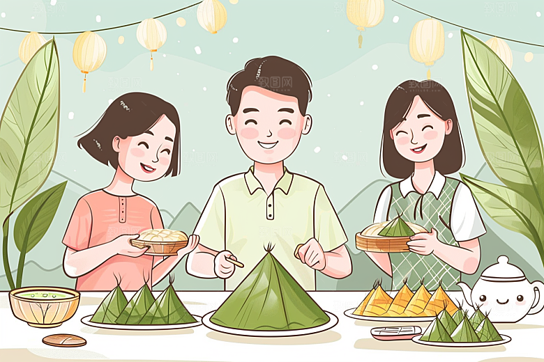端午包粽子手绘美食插画