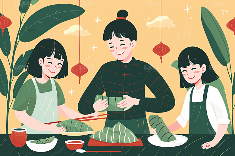 端午包粽子习俗温馨插画