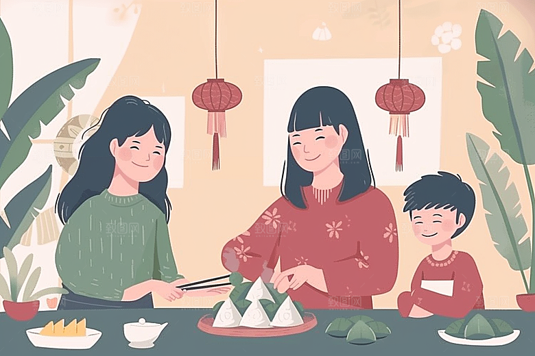 端午包粽子小吃传统文化插画