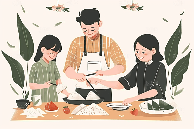 端午包粽子糯米小吃插画