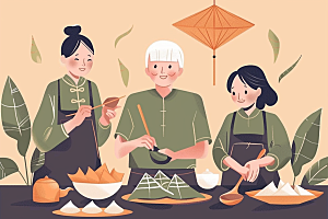 端午包粽子节日氛围手绘插画